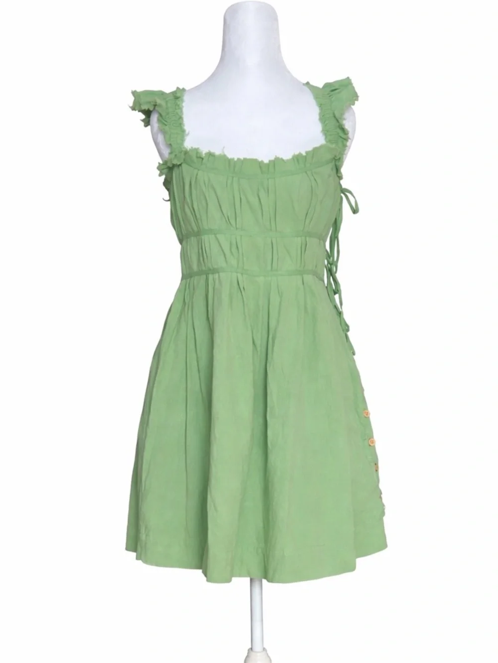 Free People Green Cotton Sundress Women’s Small Ruffle Strap‎ Button Side Boho